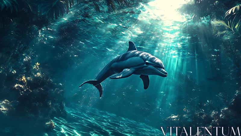 Oceanic dolphin gliding through luminous tropical shallows.