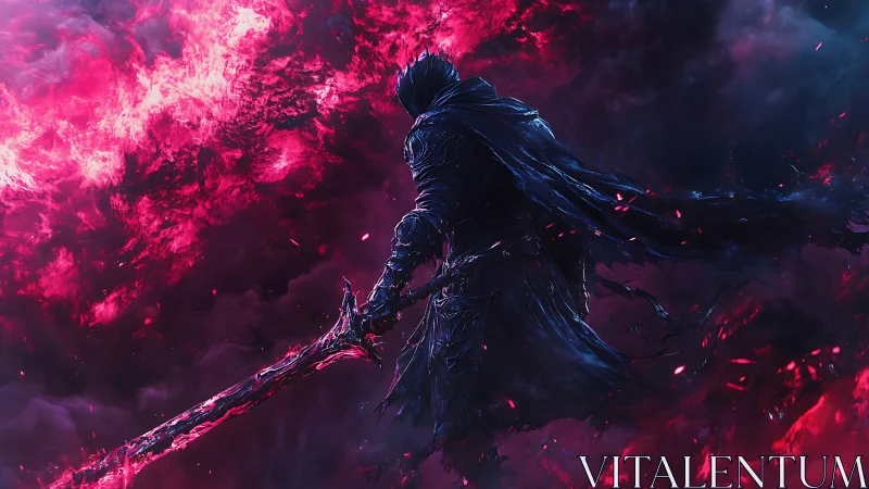 Dark wraith warrior amid erupting crimson nebula flames.