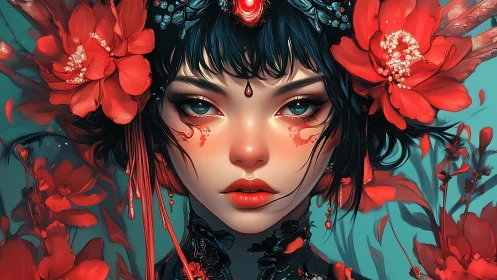 Portrait merges red blossoms with luminous digital geisha