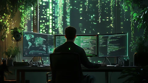 Cybernetic analyst coding in neon-lit biophilic workstation