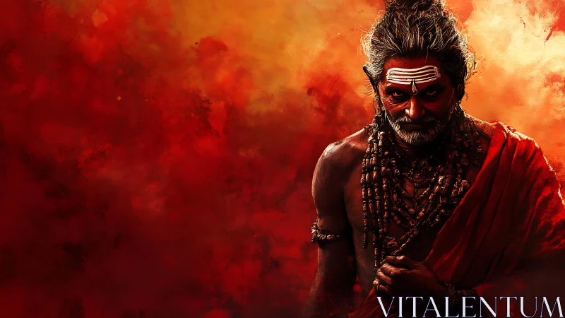 Ashen-eyed mystic strides through a storm of embered dusk