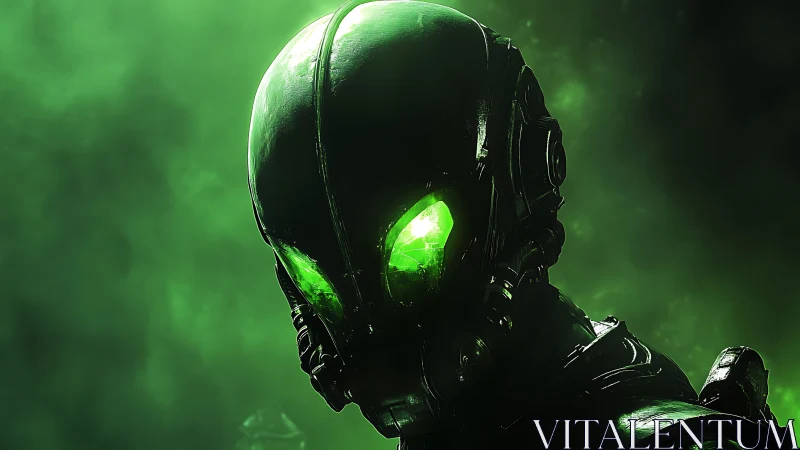 Biomechanical exosuit head with emissive crystal optic cores in toxic fog