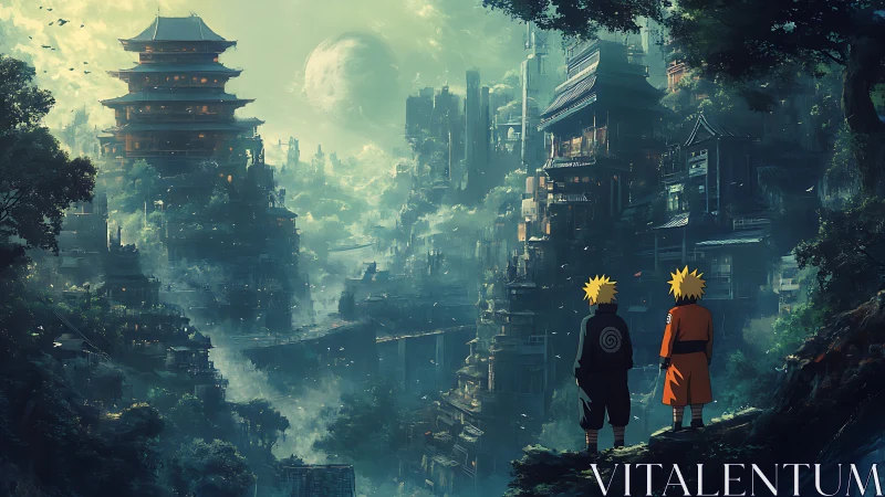 Twin figures gaze over a misty futuristic ninja cityscape