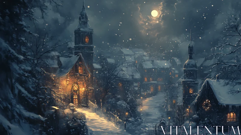 Moonlit winter village aglow with storybook lantern warmth.
