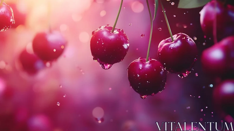Glistening ripe cherries hang in radiant pink summer light