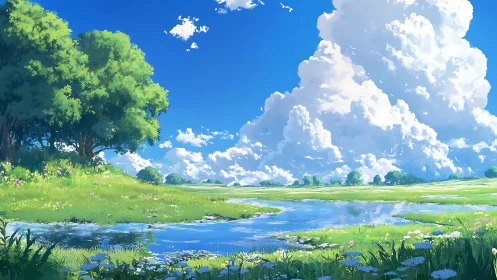 Vivid summer meadow with pond under towering clouds.