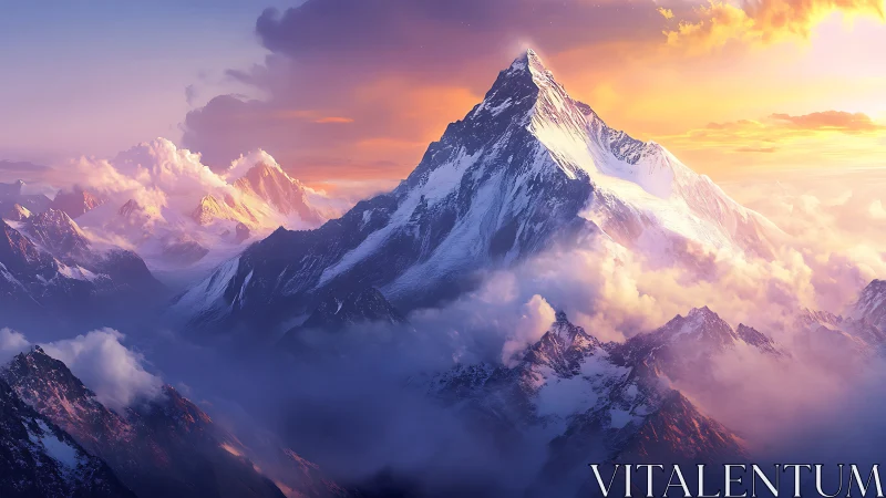 Sunlit mountain peak rising above glowing pastel clouds.