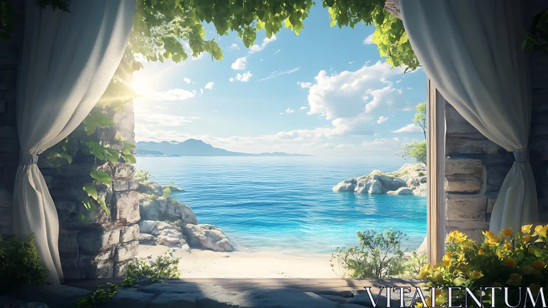 Sunny sea view from rustic stone doorway with curtains.