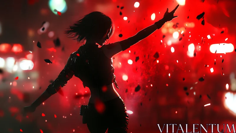 Silhouetted cyberpunk dancer commands glowing red city night.