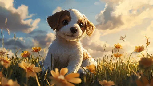 Digitally rendered puppy sits in a flowered field at sunset
