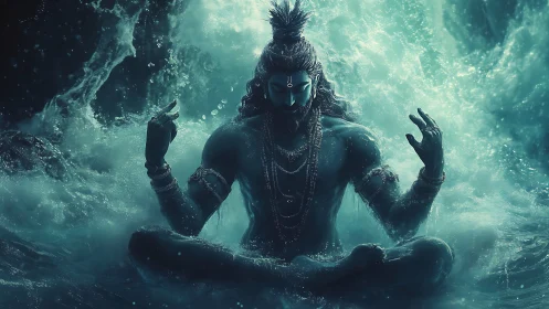 Seated mystical figure in turbulent aquatic environment.