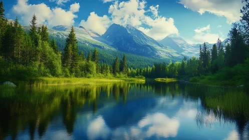 Mountain lake reflects evergreen forest under bright summer sky