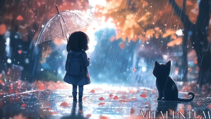 Child with umbrella observes cat on wet autumn street in rain