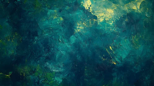 Abstract teal and yellow oil painting with textured brush strokes.