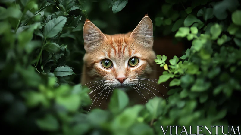 Orange Tabby Cat Peering Through Green Foliage with Striking Chartreuse Eyes