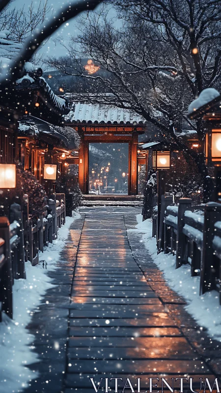Snowy lantern path leading to a peaceful wooden temple gate.