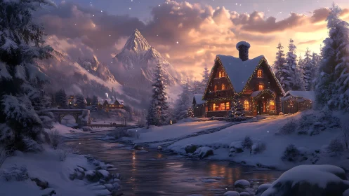Snowlit chalet beside river under glowing alpine dusk sky.
