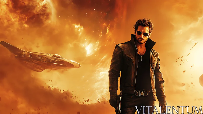 Rogue space gunslinger strides through storm of solar fire.