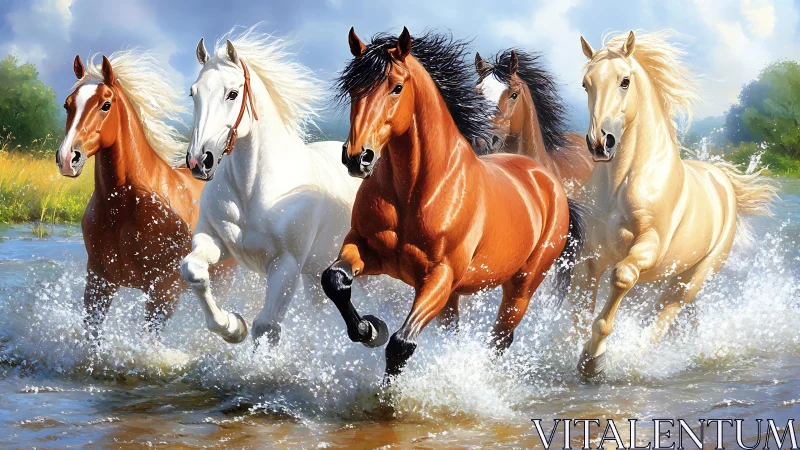 Group of horses running through shallow water in daylight.