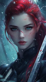 Scarlet-haired warrior stares forward through swirling rain.