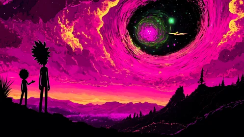 Psychedelic alien sky vortex frames silhouetted observers at sunset