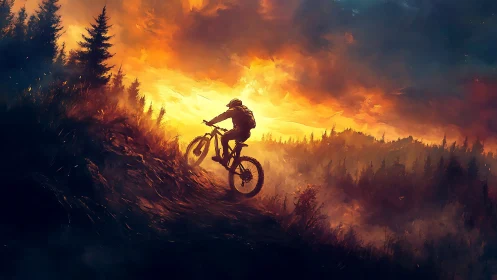 Mountain biker performs aerial maneuver against dramatic sunset background.