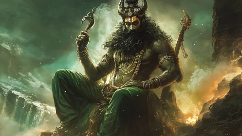 Mythic warrior deity sits amid roaring elemental chaos.