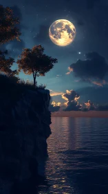 Moonlit coastal cliff with silhouetted trees at night.
