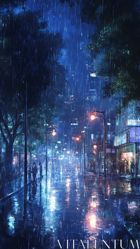 Rainy blue city street with reflections at night.