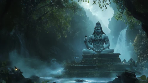 Serene stone deity statue amid misty jungle waterfall.