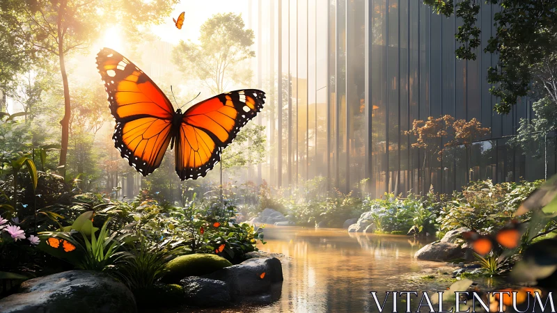 Large orange butterfly hovers over reflective urban stream