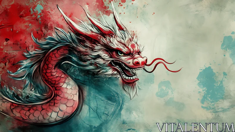 Crimson storm dragon surging through splashed sky haze.