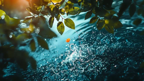 Orange petal suspended over rippling water surface.