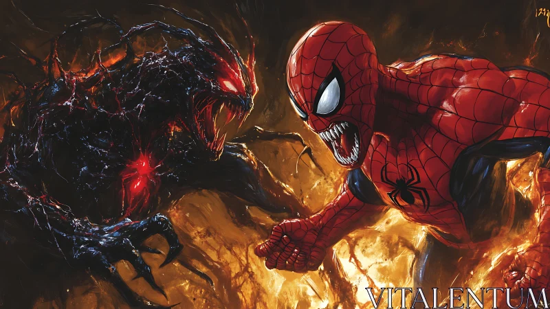 Spider-like hero lunges into fiery clash with dark monster.