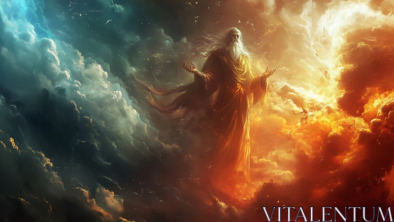 Robe‑clad elder between cool and warm cloud masses.