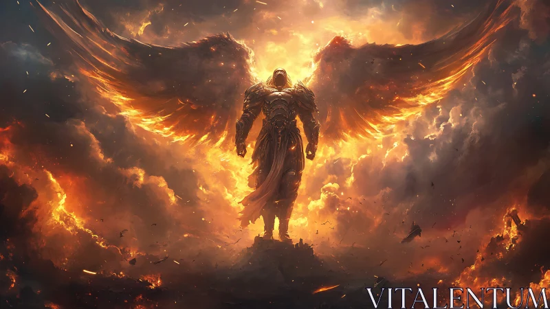 Armored seraph ascends through burning storm clouds