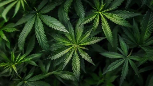 Cannabis leaves spread in lush overlapping green layers.