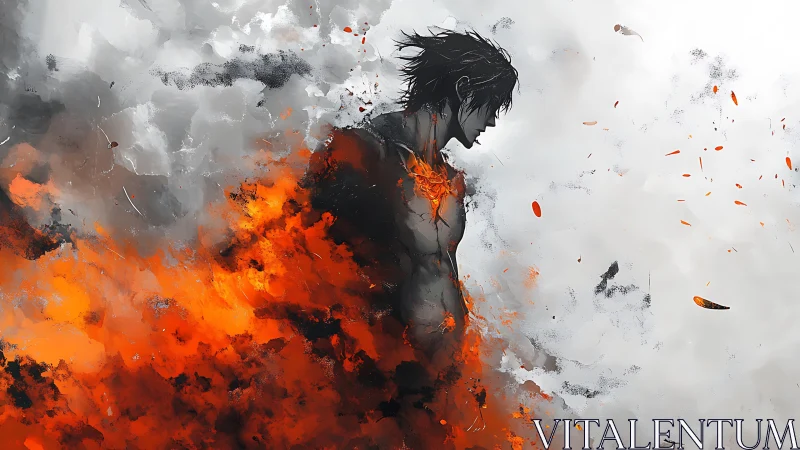 Fiery warrior emerges from stormy smoke and burning embers.