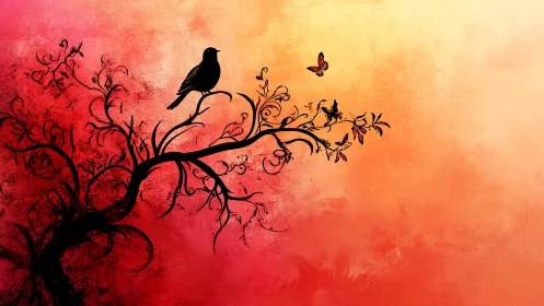 Silhouetted songbird and butterflies on ornate branch against gradient