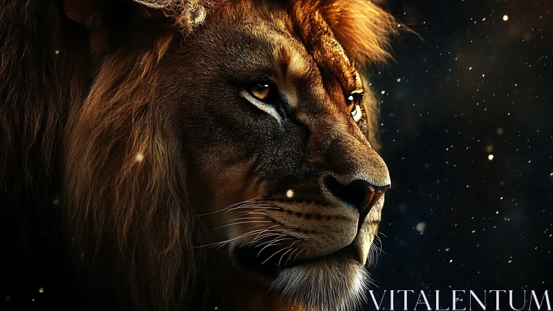Photorealistic lion portrait in dramatic rim lighting profile.