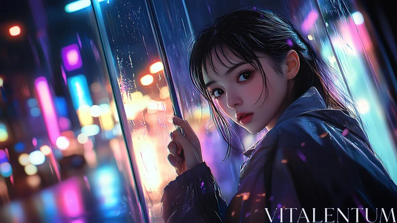 Neon-soaked city rain with reflective cyberpunk gaze portrait.