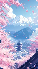 Cherry blossoms frame snowy peak above serene pagoda town.