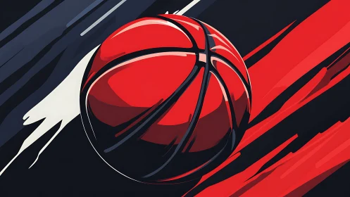 Red basketball illustration with dynamic angular streaks.