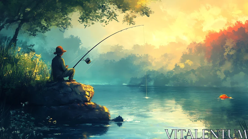 Sunlit silence hooks the lone fisherman in painted mist