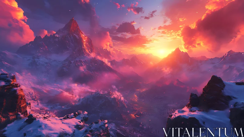 Crimson sunset ignites snowcapped mountains and mist valley.