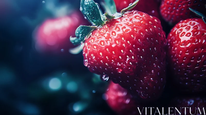 Close-up macro view of ripe strawberries with water droplets.