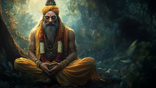 Meditating robed elder seated in dense forest clearing.