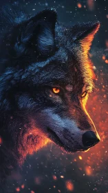 Wolf head rendered with intense orange and blue lighting effects