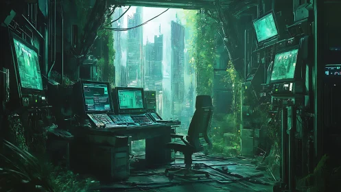 Abandoned cybernetic control hub overgrown by dense urban vegetation