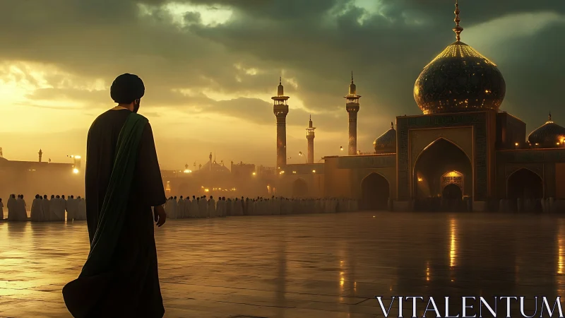 Golden-hour courtyard stroll beside a glowing mosque.